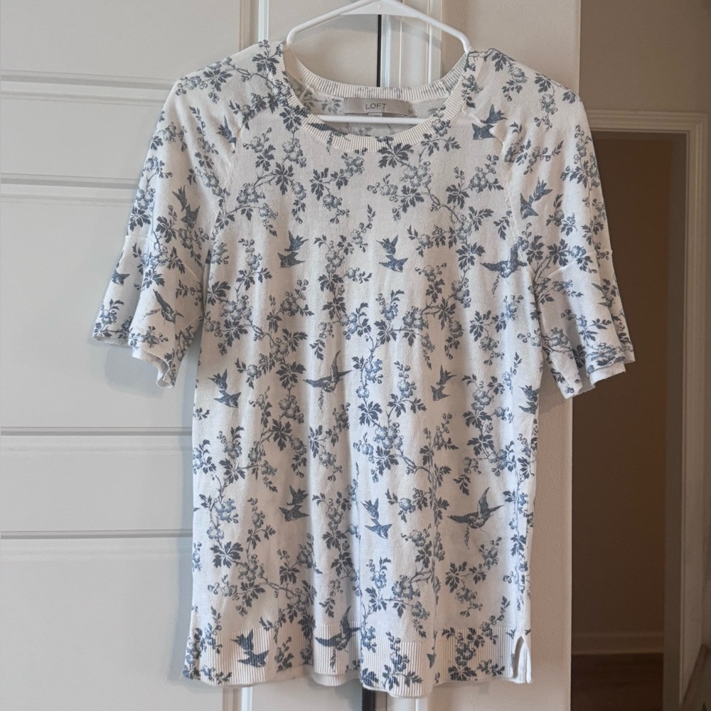LOFT White Tee with Blue Bird & Floral Motif